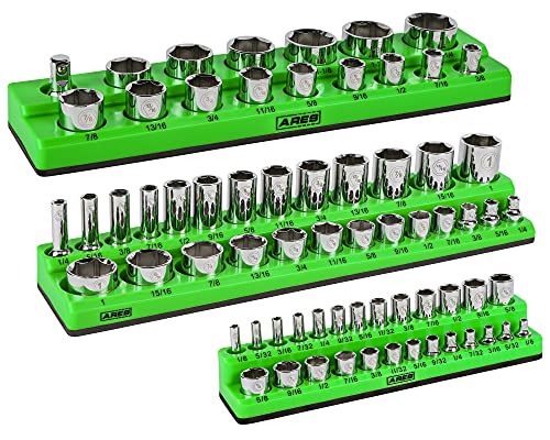 Image of ARES 60037 - 3-Piece SAE Magnetic Socket Organizers Set - GREEN - Includes 1 /4 in, 3 /8 in, 1 /2 in Socket Holders - Holds 68 Standard (Shallow) and Deep Sockets - Also Available in RED