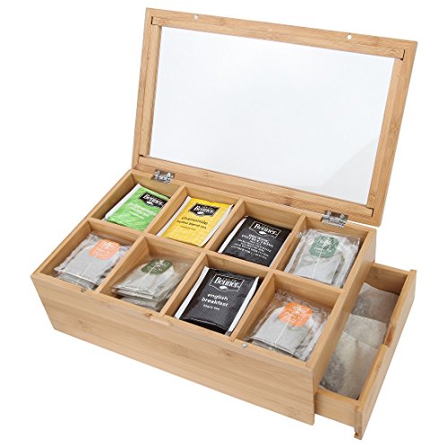 Lily's Home Bamboo Wood Tea Box Chest Organizer With Slide Out Drawer, 8 Storage Compartments Clear Shatterproof Hinged Lid and Magnetic Lock