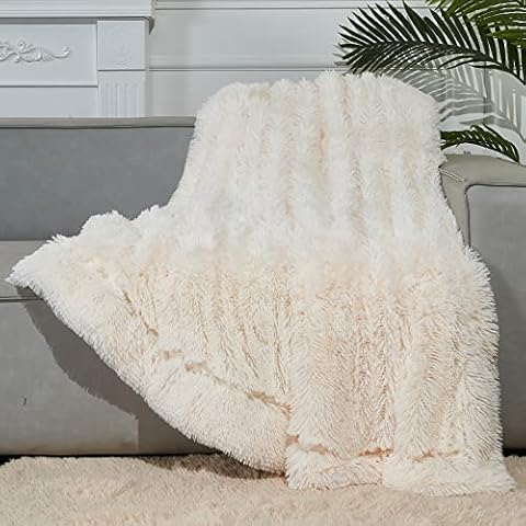 NEWCOSPLAY Fuzzy Faux Fur Throw Blanket Ivory Super Soft Cozy Plush Fuzzy Shaggy Blanket for Couch Sofa Bed (Ivory, Throw(50"x60")) Cover