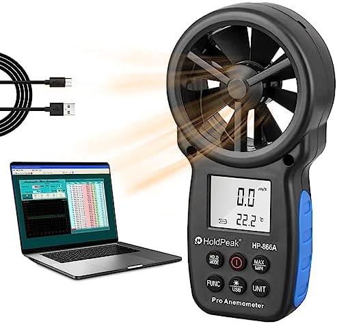 Holdpeak 866A Digital Anemometer - Wind Speed Meter Measures Wind Speed + Temperature + Wind flow with Data Hold & USB - The Most Accurate Anemometer Available! (Black)(CE,ISO,ROHS,GMC)
