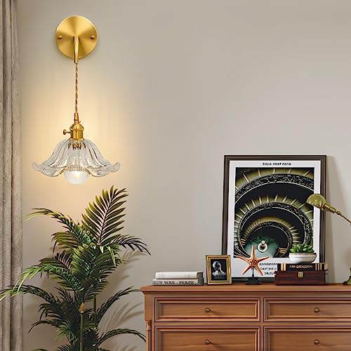 Shenmoyl Vintage 1-Light Wall Sconces Clear Lotus Leaf Shade Pattern Glass Adjustable Chain Retro Gold Wall Mounted Light, Wall Lamp Fixtures Decor For Bedside Bedroom Indoor Doorway #TOP6