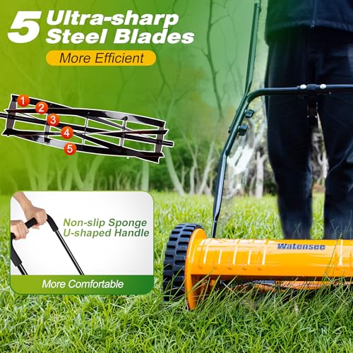 Image of Walensee 16-Inch Manual Lawn Mower, 5-Blade Push Reel, 4 Heights | Precision-Ground Alloy-Steel Blades Make Clean Scissor-Like Cuts, With Quiet Cordless Operation For Small Lawns