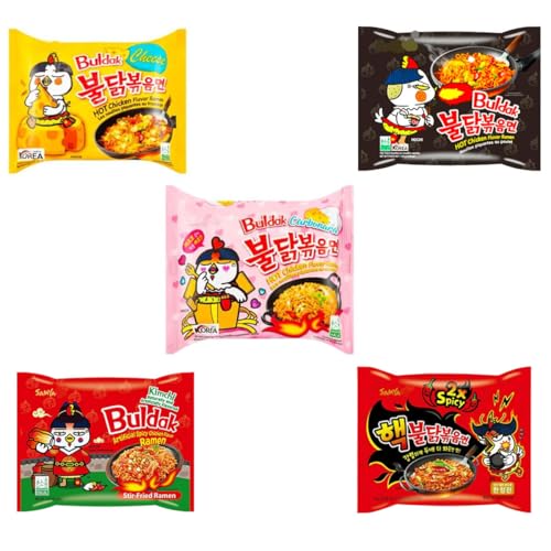 YIJIA | Pack 5 Paquetes mezclados B Ramen Coreano instantáneo 2X Picante, de Queso, de Buldak Kimchi, Carbonara y de Picante Buldak.