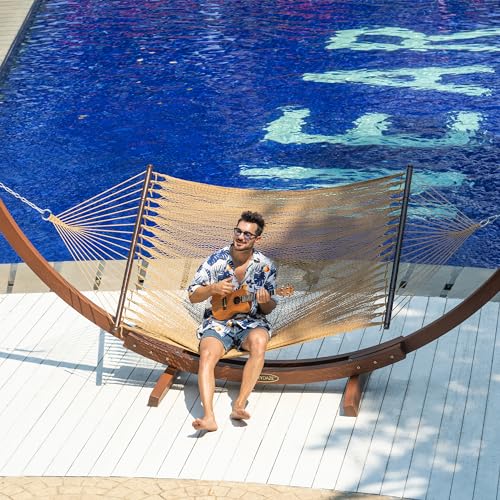 Lazy Daze Hammocks 10.5 FT Double 2 Person Caribbean Rope Hammock, Hand Woven Polyester Hammock with Spreader Bars, Extra Large Outside Outdoor Backyard Patio Poolside Hammock, 450 LBS Capacity, Tan - Thumbnail 7