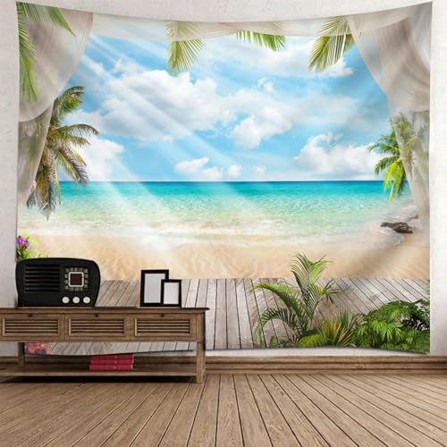 Tenture murale grand format 256x350cm en tissu léger avec motif balcon sur la mer