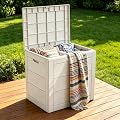 ZEUKMXOO 35 Gallon Deck Box, Lockable Waterproof Resin Storage Box for Patio, Indoor & Outdoor Use, for Cushions, Accessories, Package Delivery & Garden Tools,Beige