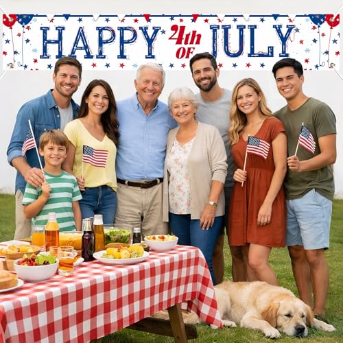 Image of BlissYard Happy 4th of July Banner Patriotic Banner for Outside 118 x 20 Inch Independence Day Decorations American Flag Banner for Yard Fence Porch Party Decor