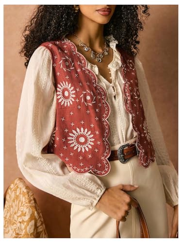 Verdusa Women's Western Boho Floral Embroidery Vest Open Front Sleeveless Jacket Outerwear2