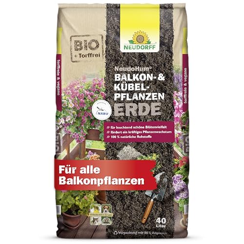 Neudorff NeudoHum Balkon- & KübelpflanzenErde - Torffreie Bio-Erde speziell für alle Pflanzen im Balkon oder Kübel, NABU empfohlen, 40 Liter