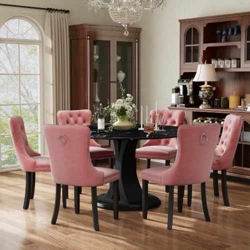 Image of 7-Piece Dining Table Set for 6 with 47 In Black Faux Marble Round Table | Circle Dining Room Table with 6 Velvet Upholstered Chairs, Modern Scandinavian Furniture for Dining Room Kitchen (Pink)