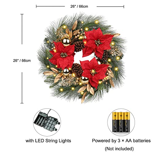 Christmas Wreath 26" Artificial Wreath Ornament With Led Lights Artificial Poinsettia Pinecone Berries For Party Table Fireplaces Porch Walls New Years Home Decor (Style 4) #TOP1