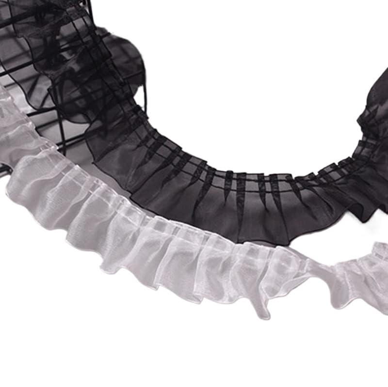 Spitzenborte Weiß und Schwarz Organza 3D Plissee Spitze Stoff Handarbeit, Rüschenborte Fransenborte Schneidermaterial (Größe:2.5 cm breit) (Schwarz) (Weiß)