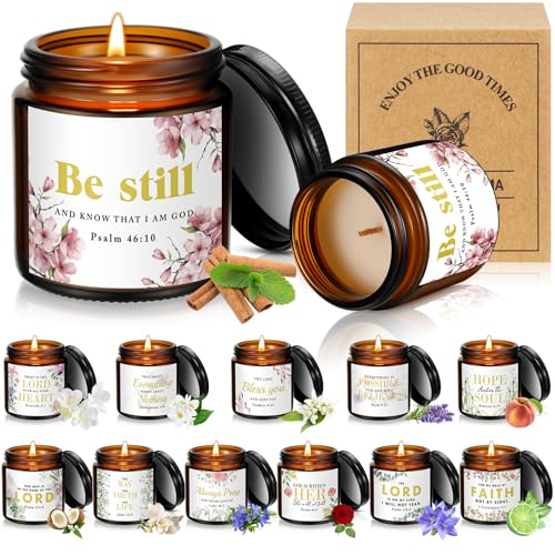 Landhoow 12 Jars Christian Religious Scented Candle 3.5oz Catholic Bible Verses Candle for Women Easter Birthday Thank You Gifts for Employee Inspirational Coworkers Gifts(Bright)