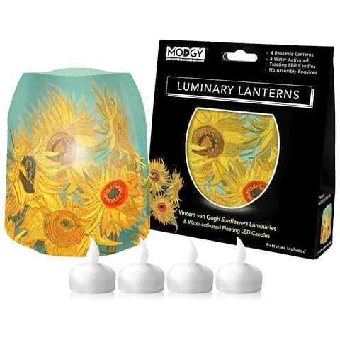 MODGY Luminary Lanterns Candle Holder Decorative Indoor Outdoor, for Wedding Centerpiece Decoration Outside Patio, with Flameless Floating LED Candles Van Gogh Sunflowers, Pack of 4 Cover