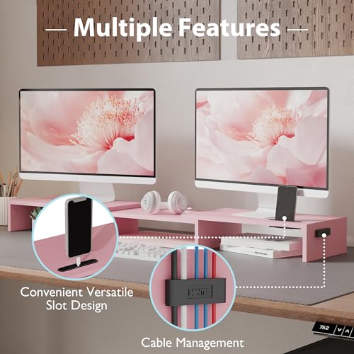 Image of BONTEC Dual Monitor Stand Riser with Smartphone Holder, Adjustable Length & Swivel Angle, Ergonomic Wooden Desktop Organizer for PC Monitor, Laptop, Printer, Large Storage, 42.5 in, Pink