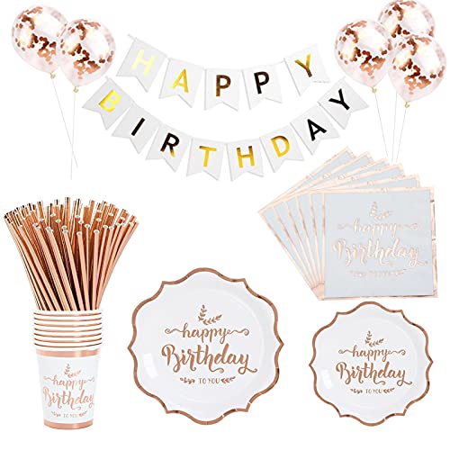 Vaisselle de fête d'anniversaire blanc et or rose - Fournitures de fête d'anniversaire - Assiettes, serviettes et gobelets pour filles et femmes - Fournitures de fête prénuptiale - Pour 16 invités Cover
