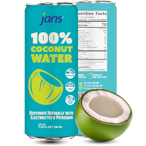 Image of Jans 100% Coconut Water No Added Sugar 11.15oz (Pack of 12) Pure Coconut Refreshment, Vegan, Gluten-Free, Hydration with Electrolytes