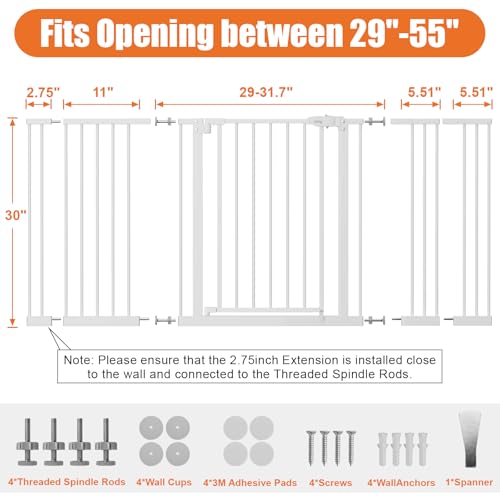 Image of keny 29 inch-55 inch Extra Wide Baby Gate, Pressure Mounted No Drilling Dog Gate | for Stairs Doorways, Easy Walk Through Safety Gate for Babies or Pets, 30 inch Tall, White