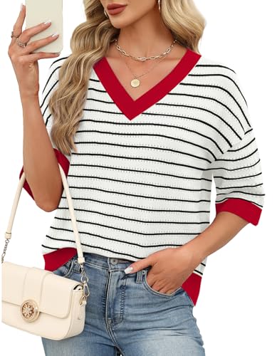 WIHOLL Summer Sweaters for Women Lightweight 2026 V Neck 3/4 Length Sleeve Cute Tops Ladies Blouses Dressy Casual Business Outfits Striped Valentine's Day Shirts Red L
