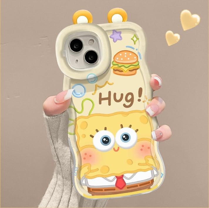 Image of COVERLY 3D Cute New Sponge Bob Cartoon Rainbow Hug Floral Decor Wave Curly Edge Invisible Double Phone Stand Holder Camera Ears Cover Girly Charm Case for Apple iPhone 15 Pro Max (White Color)