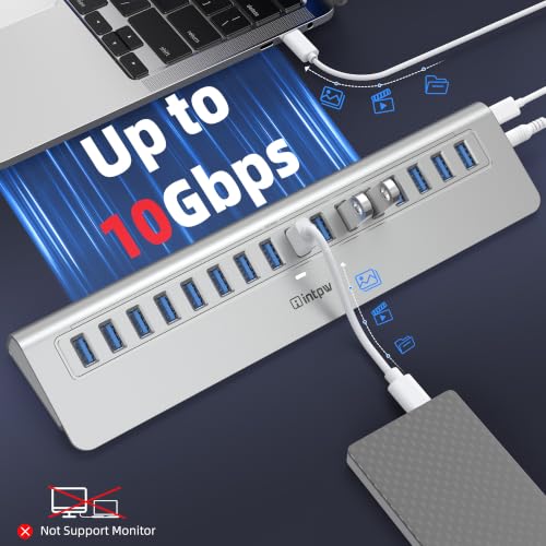 Image of Powered USB Hub 10Gbps, intpw YH16A 16-Port USB 3.2 /USB A Hub (16 x USB-A 3.2), USB Hub Powered with 65W Power Adapter, 3Ft Cable, Aluminum USB Hub for PC /Laptop,Computer, Flash Drive, Printer, Camera