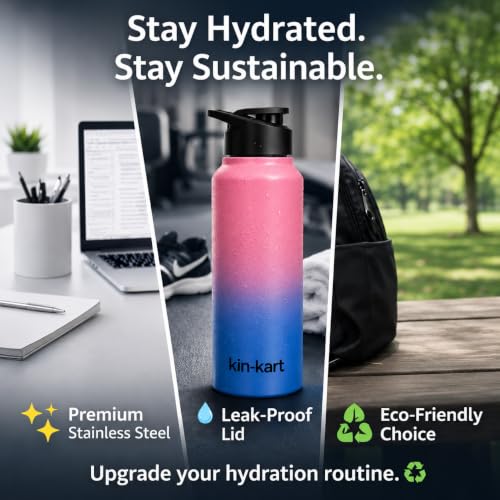 Image of Kin-Kart Water Bottles 1000 ml Stainless Steel Water Bottle 1 Litre | Eco friendly Steel BPA Free Leakproof Water Bottles for School, Office, Home, Gym (GLAM, PINK & BLUE)