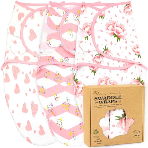 Image of Bublo Baby Swaddles for Newborns – 3-Pack Infant Swaddles 3-6 Months – Adjustable Swaddle Sleep Sack – Soft Organic Cotton Baby Wrap for Safe & Cozy Sleep (Hearts-Flowers)