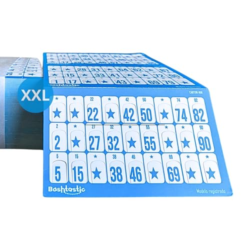 Bashtastic 102 Cartones Bingo Troquelados Grandes - Cartones XXL Color Azul | Cartones Bingo Grandes Reutilizables | Cartones Numerados y Distintos Entre sí.