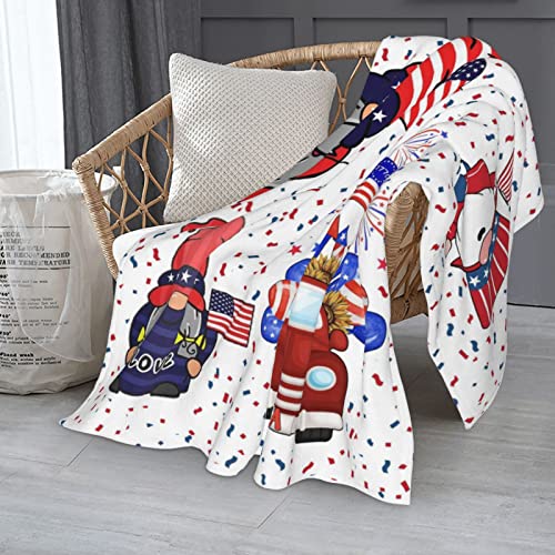 Patriotic Gnome Throw Blanket, 4Th Of July American Flag Blankets, Independence Day Memorial Day Gifts, Cute Trucks Ribbons Fireworks Decoration, Soft Fleece Throw Blanket For Couch Sofa Bed 60"X50" #TOP2