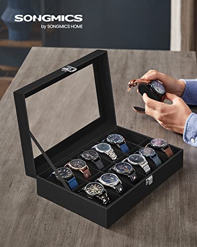 Image of SONGMICS Watch Box, 12-Slot Case With Large Glass Lid, Removable Pillows, Organizer, Gift for Loved Ones, Black Synthetic Leather, Black Lining UJWB012B01