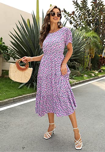 Image of NAVINS Womens Floral Print Modest Wedding Guest Midi Dress with Pockets | Puff sleeve tiered boho dress for summer, church, and vacations. Elastic waist, Below knee, hand or machine wash.