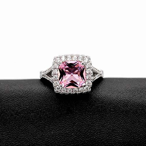 Uloveido Platinum Plated Sparky Cushion Cut 3 Carats Pink Cubic Zirconia Stone Solitaire Square Wedding Ring Split Shank Y5864