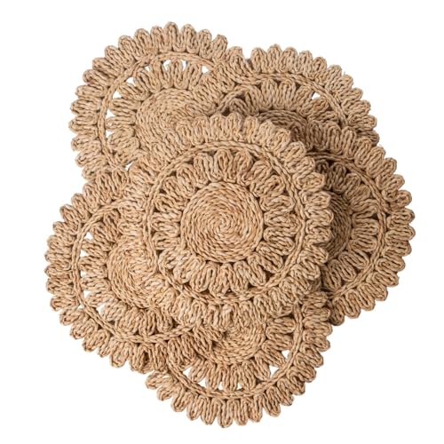 Image of Laquedecraft 15 inch Set of 6 Round Corn Husk Placemats | Boho Woven Rattan Table Mats | Farmhouse Wicker Spring Plate Chargers Like Water Hyacinth, Seagrass for Wedding, Party, Christmas, Events