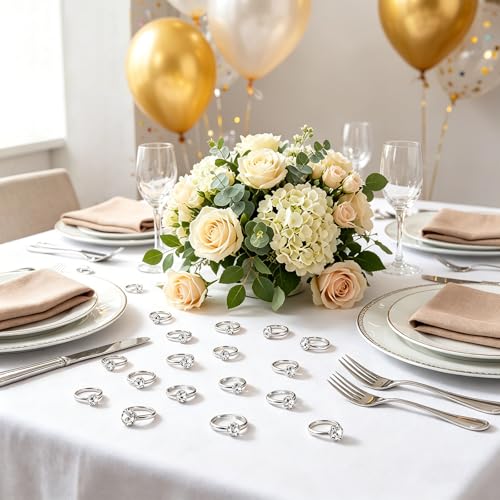 Image of Whaline 36 Packs Diamond Engagement Rings Bridal Shower Rings for Wedding Table Decorations, Party Supply, Favor Accents, Cupcake Toppers