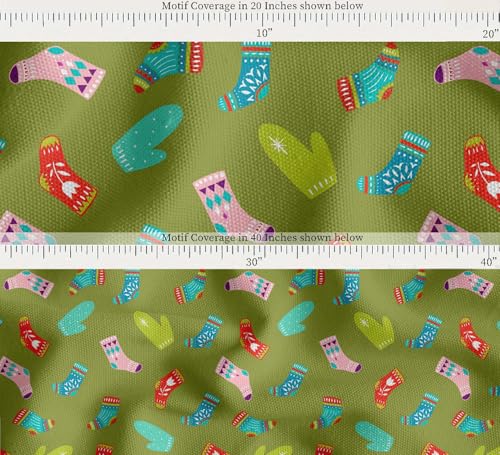 Image of Soimoi Green Cotton Canvas Fabric Socks & Gloves Folk Art Print Fabric by Meter 56 Inch Wide