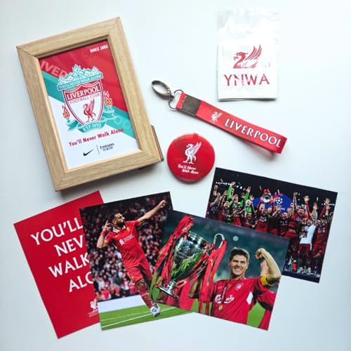 Image of TenorArts Liverpool Gift Box Merchandise for Fans - 5x7 Inches Laminated Photo Frame,1 Liverpool Keychain, 1 Badge, 4 4x6 inches Sized Posters, Multi sized Football Stickers - 5 items in 1 Box | Perfect for Gifting Football Fans