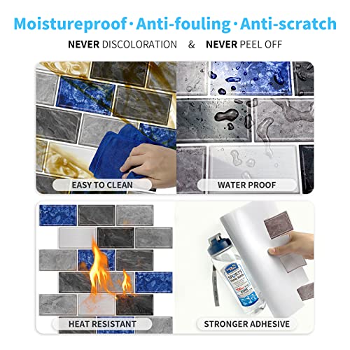 Urcolor 10-Sheet Peel And Stick Backsplash Tiles Subway For Kitchen,12"X12" Self Adhesive Wall Tile Sticker On Back Splashes For Bathroom Grey Blue Marble Design #TOP3