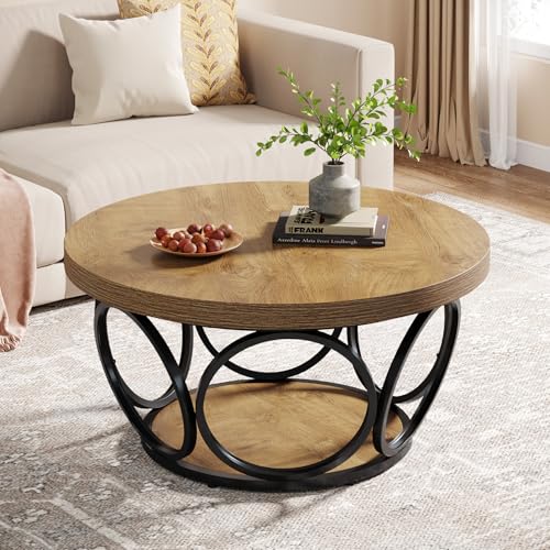Tribesigns Table Basse Ronde 2 Niveaux, Table de Salon Bois 80 cm, Structure en métal, T-Able...