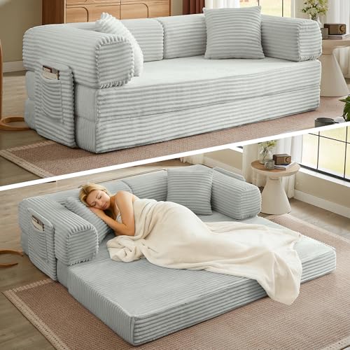 Image of Boneless Couch Futon Sofa Bed Sectional Couches for Living Room,Cloud Couch with Sleeper Sofa,Sofas for Living Room Oversized Corduroy Upholstered (Light Grey, 81 Inches (with Iron Frame))