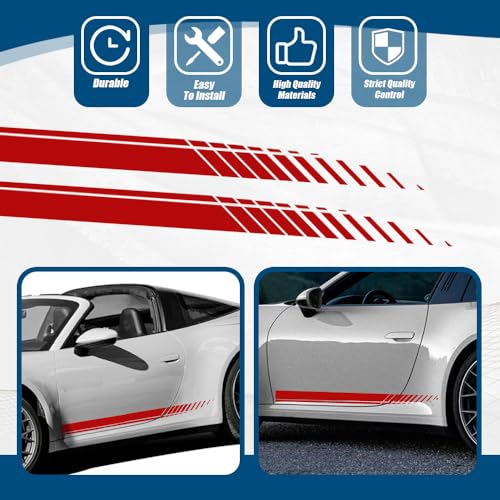 Image of 2Pcs Sports Racing Stripe Graphic Stickers, Side Door Vinyl Decals, Universal Car Decoration Accessories for Truck Auto Body Side Door (Red)