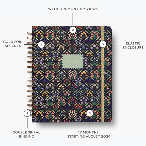 RIFLE PAPER CO. 2025 17-Month Academic Hardcover Spiral Planner | Weekly and Monthly Pages, Inspirational Quotes, Sticker Sheets, Illustrated Pocket Folder (10\" x 8.5\"), Estee