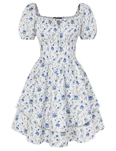 SCARLET DARKNESS Women's Summer Corset Dress Puff Sleeves Floral Short Dress Mini A-line Dresses for Beach White L