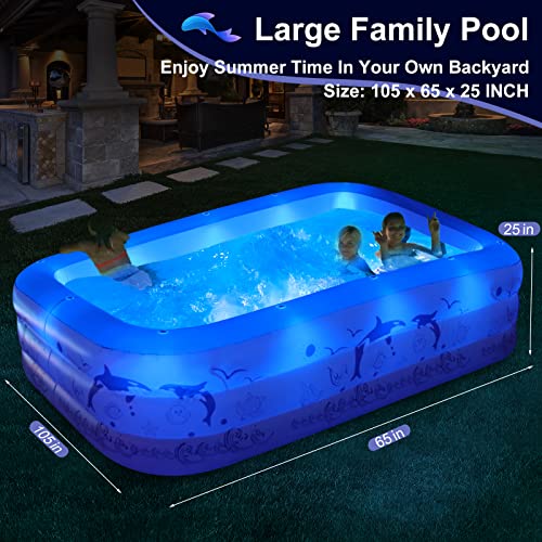 LanPool Inflatable Pool with Lights,Family Inflatable Swimming Pool for Kids,Adults,Blow up Pools Solar Powered,Large Kiddle Pool, 105\"x65\"x25\'\'Oversized Thickened Inflatable Pool for Backyard Outdoor
