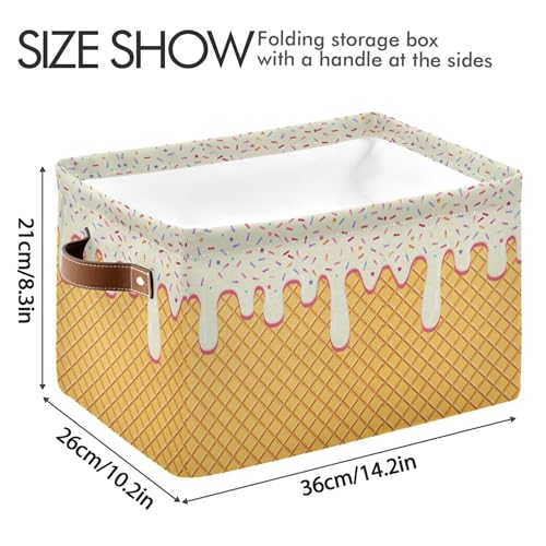 Image of Wamika Ice Cream Drip Baseball Storage Basket with Waterproof Liner and PU Handles White Vanilla Storage Bins Boxes 14.2 inch Collapsible Decorative Organizer Baskets for Bedroom Closet Office 1 Pack