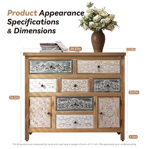 Image of Farmhouse Boho Accent Cabinet with 7 Drawers and 2 Doors, Vintage Storage Cabinet with Solid Wood Frame, Hand-Carved Distressed Console Cabinet for Living Room, Entryway, Hallway, 39.37 Inch Wide