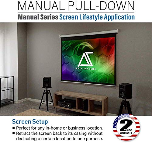 Akia Screens 100 inch Projector Screen Pull Down Manual B 16:9 8K 4K HD 3D Ceiling Wall Mount White Portable Projection Screen Retractable Auto Locking for Indoor Movie Home Theater Office AK-M100H1
