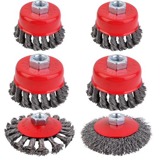 6 Piezas Cepillo Alambre Taladro, M14 Cepillo de Alambre para Taladro, Cepillo de Alambre Diámetro de 75mm y 100mm, para Eliminación de óxido, Pintura para Madera y Meta