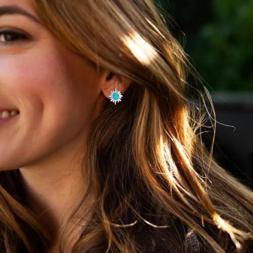 Genuine Turquoise Studs Earrings, Sterling Silver Vintage Western Jewelry December Gemstone Birthstone Birthdays Gift4