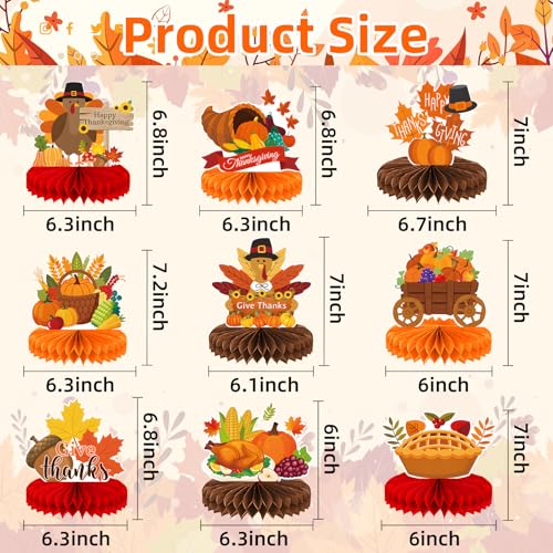 Image of 9 Pieces Thanksgiving Honeycomb Centerpieces Table Decor, Turkey Pumpkin Cornucopia Harvest Fall Party Table Topper Ornaments Signs, Fun Autumn Holiday Decorations