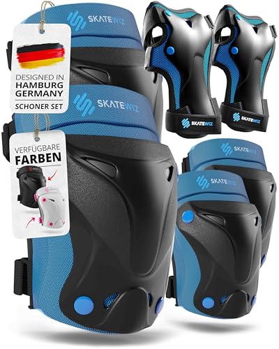 SKATEWIZ Knieschoner Kinder - Schoner Inliner Kinder - Knieschützer - Schützer Inliner Schoner Set - Protektoren Knie und Ellenbogenschützer - Schlittschuhe, Blue Größe S